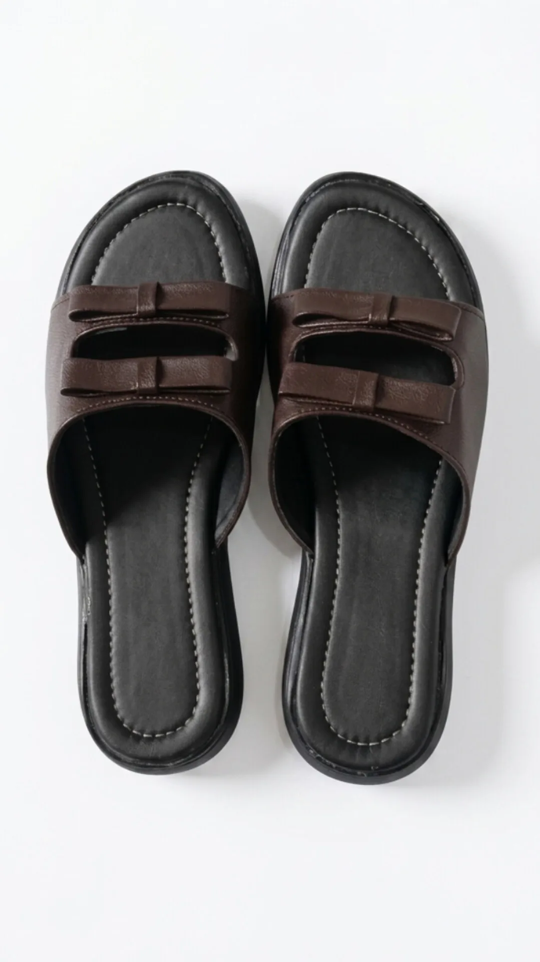 Women's Dark Brown Double-Strap Bow Slide Sandals